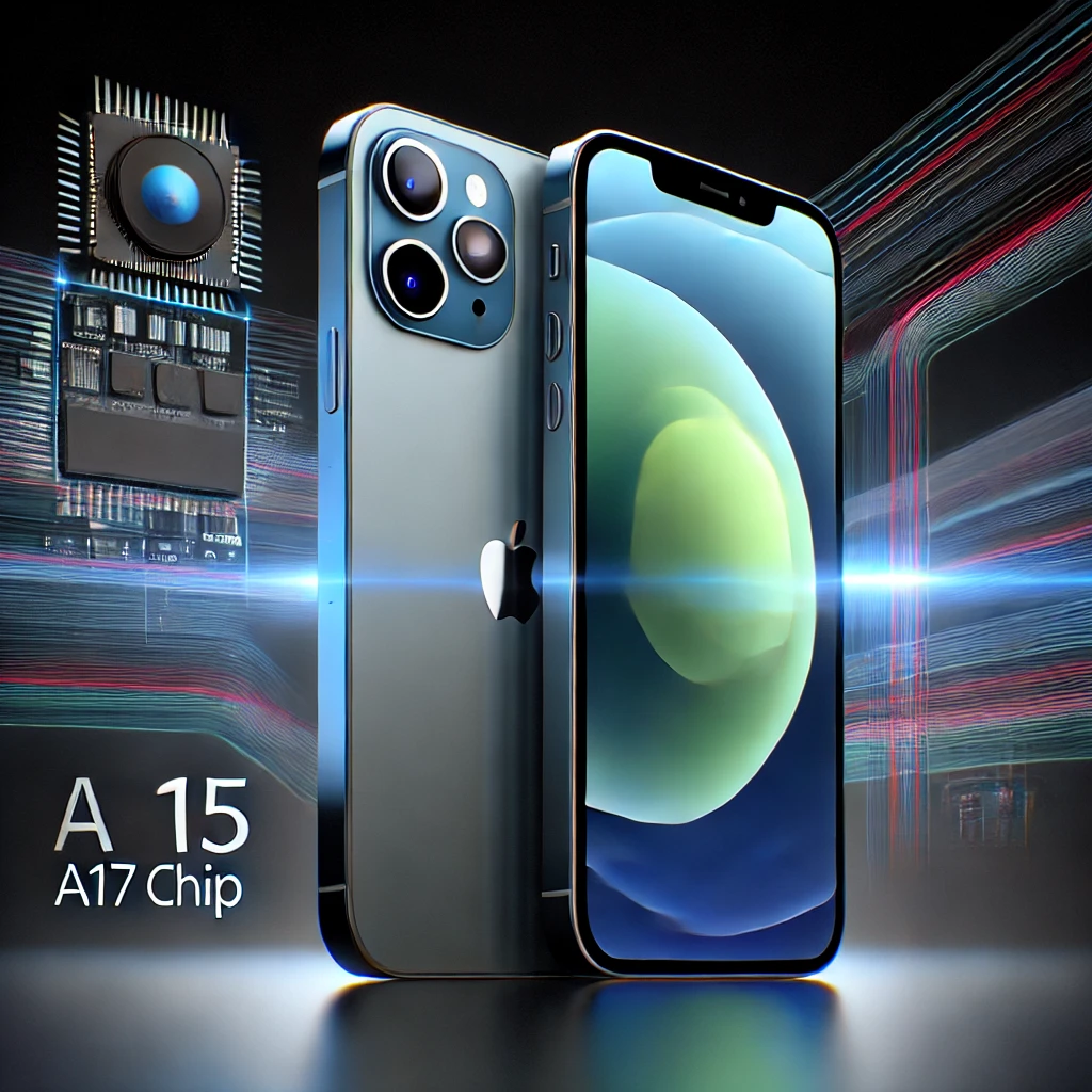 A sleek iPhone 15 with a futuristic camera module and a dynamic A17 chip design in the background. The phone is shown with an emphasis on its new colors and an enhanced low-light photo capturing feature. The background is minimalistic, modern, and tech-centric.